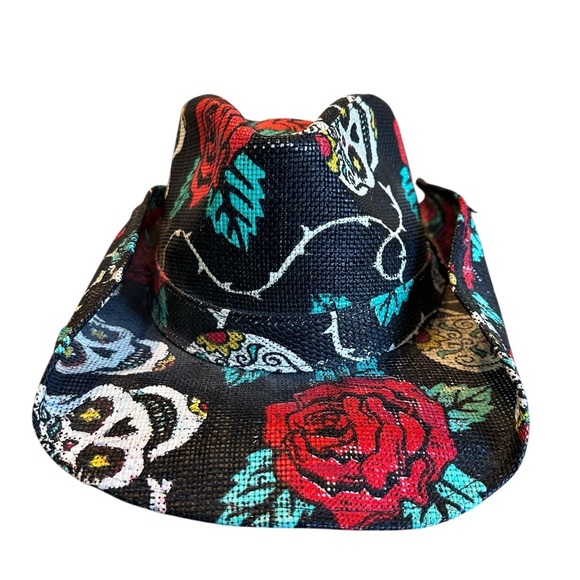 Peter Grimm Cowboy Hat Sugar Skulls/Rose Print Black Cotton Western Cowgirl EUC - Picture 2 of 8